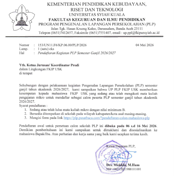 PENGUMUMAN: Pendaftaran Bakal Calon Peserta PLP Semester Ganjil 2026/2027 Telah Dibuka!